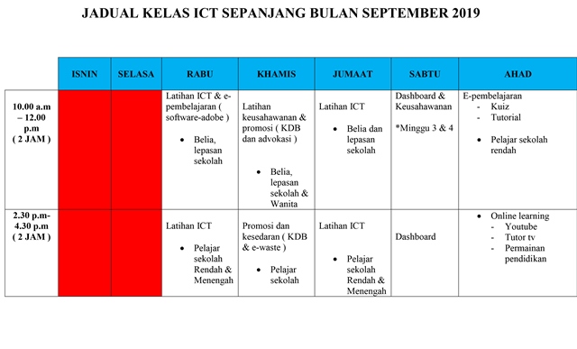 JADUAL KELAS ICT BULAN SEPT 2019